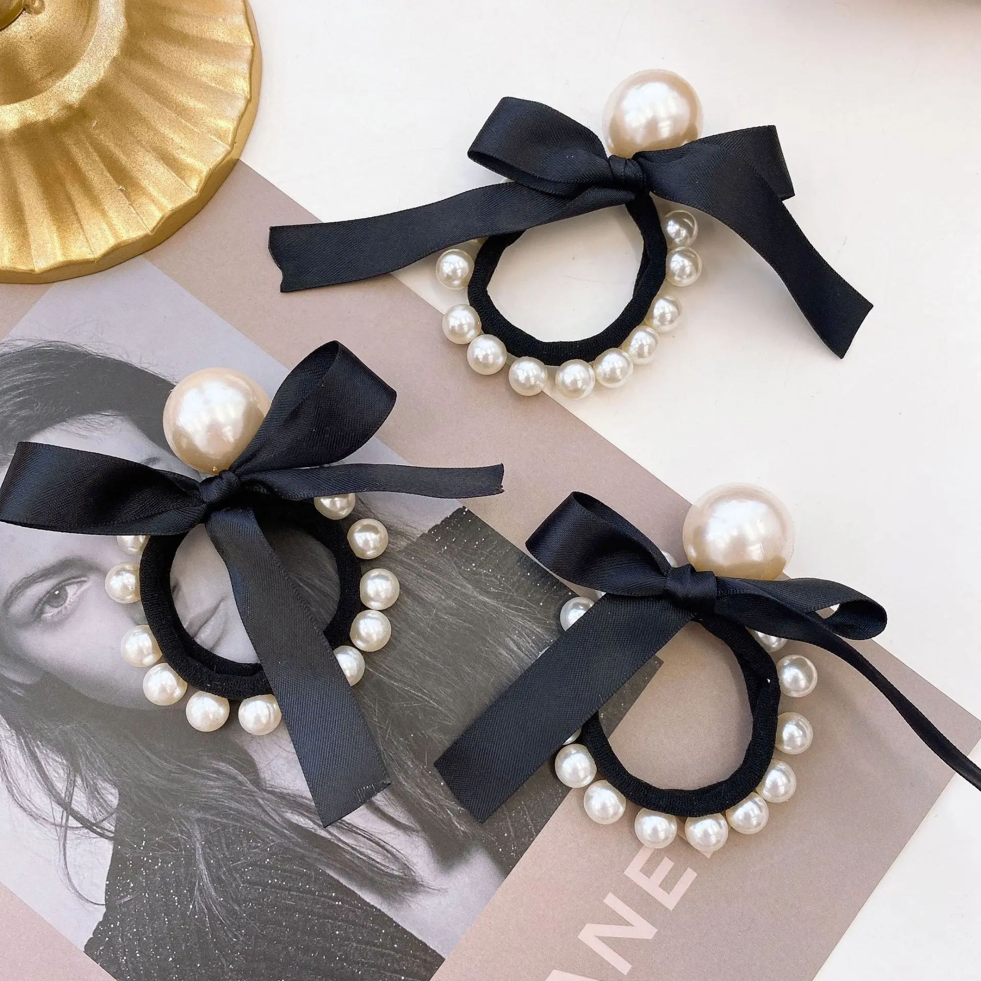 

Retro Big Pearl Bowknot Ribbon Elastic Hair Bands Beads Ties Korean Rubber Bands Scrunchies Holder for Women Girls Accessories