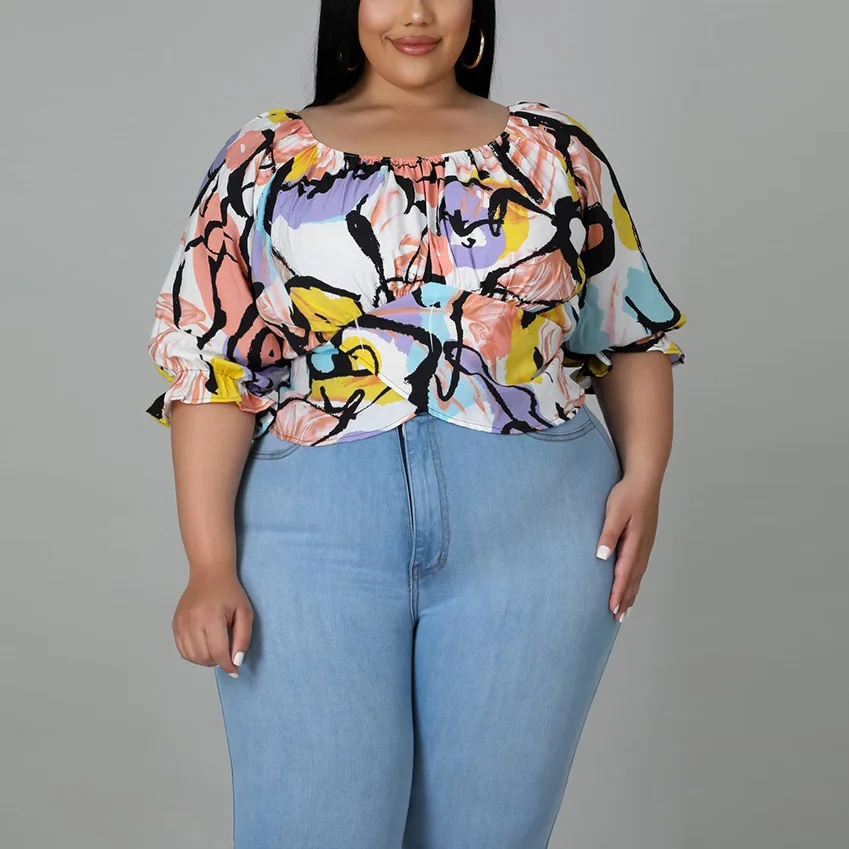 Plus Size Shirts for Women 4XL 5XL 2022 Suummer New Floral Printed Off the Shoulder Fashion Large Ladies Tops Shirts Hot Style