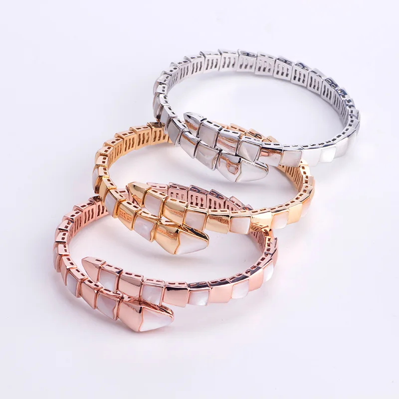 

Europe America Luxurious Style Women Lady Plated Gold Color Inlay Mother Of Pearl Zircon Snake Snakelike Open Bangle Bracelet
