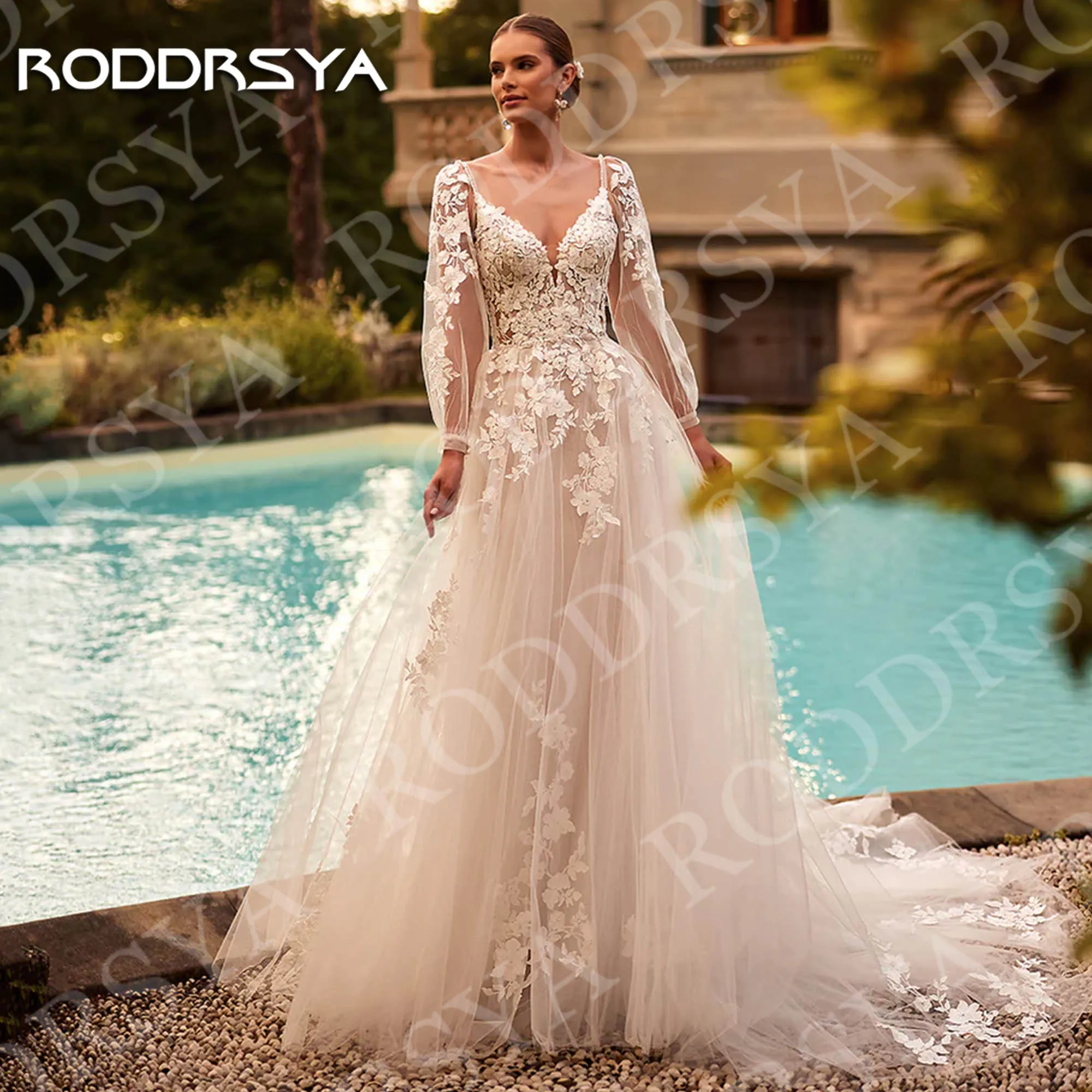 Фото Свадебные платья RODDRSYA А-силуэта с длинным рукавом Кружевная аппликация романтичное платье из фатина с V-образным вырезом индивидуальное женское платье A Line Свадебное платье с длинными рукавами кружевные наклейки №1