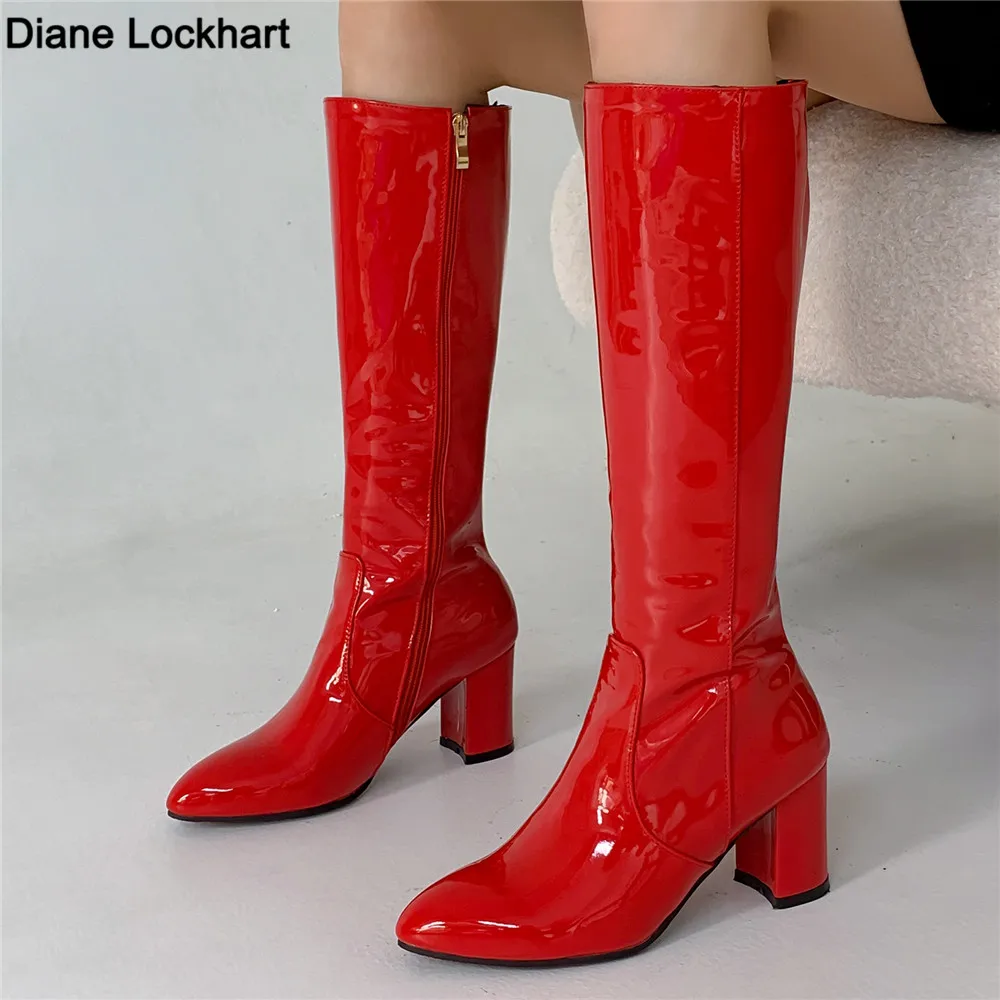 

2023 Spring Boots Women Fashion High Heel Boots White Red Black Knee High Boots For Women Shoes Size 33-43 Zipper Boats Mujer