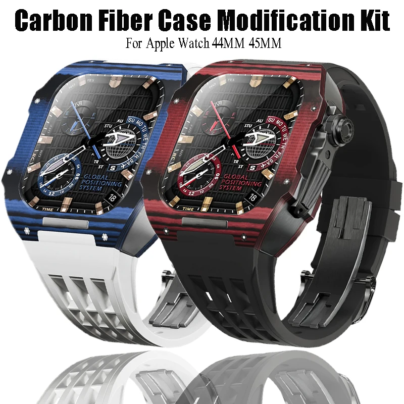 

Модифицированный комплект для Apple Watch, 45 мм, 44 мм, ремешок из углеродного волокна, силиконовый ремешок, комплект, роскошный ремешок для iWatch серии 8, 7, 6, 5, 4, SE