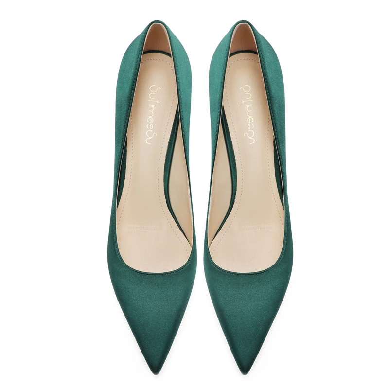 Dark Green Baquet High Heels Female Sexy Stiletto High Heels Satin Cloth Pointed Toe Slip-on Party Pumps Pure Color Daily Wear