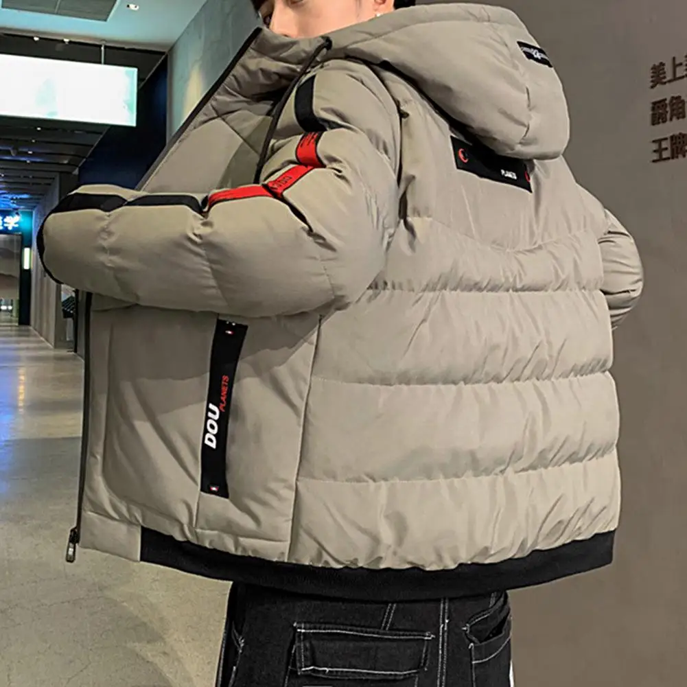 Stylish Men Hooded Jacket Slim Fit Temperament Ribbed Cuff Fluffy Filling Jacket  Thicken Men Hooded Coat for Office
