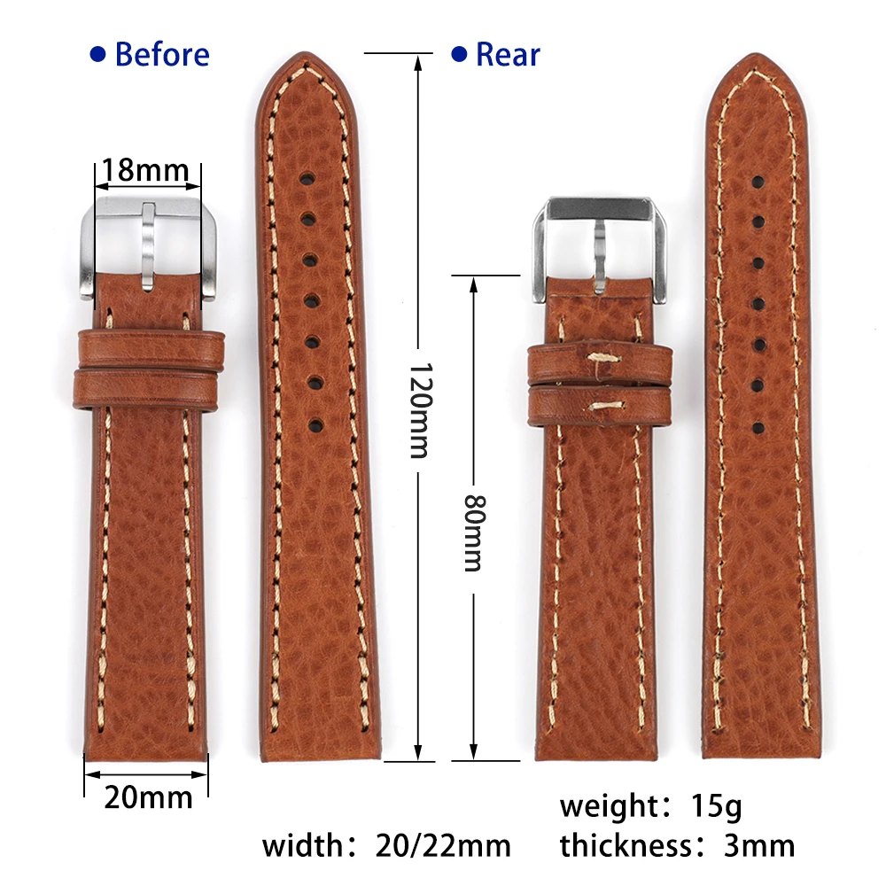 Lychee Pattern Italian Genuine Leather Watch Strap 20mm 22mm Handmade Vintage Watch Bands Brown Green Watch Replacement for Men