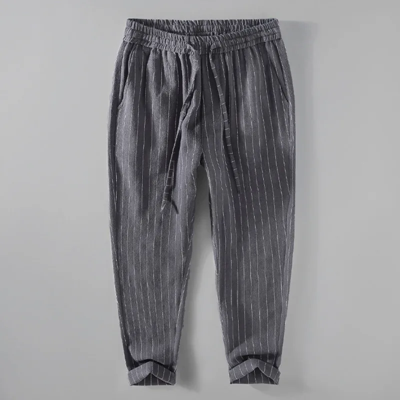 

Брюки мужские хлопково-льняные в полоску, повседневные тактические Джоггеры для активного отдыха, легкие штаны на шнуровке с эластичным поясом