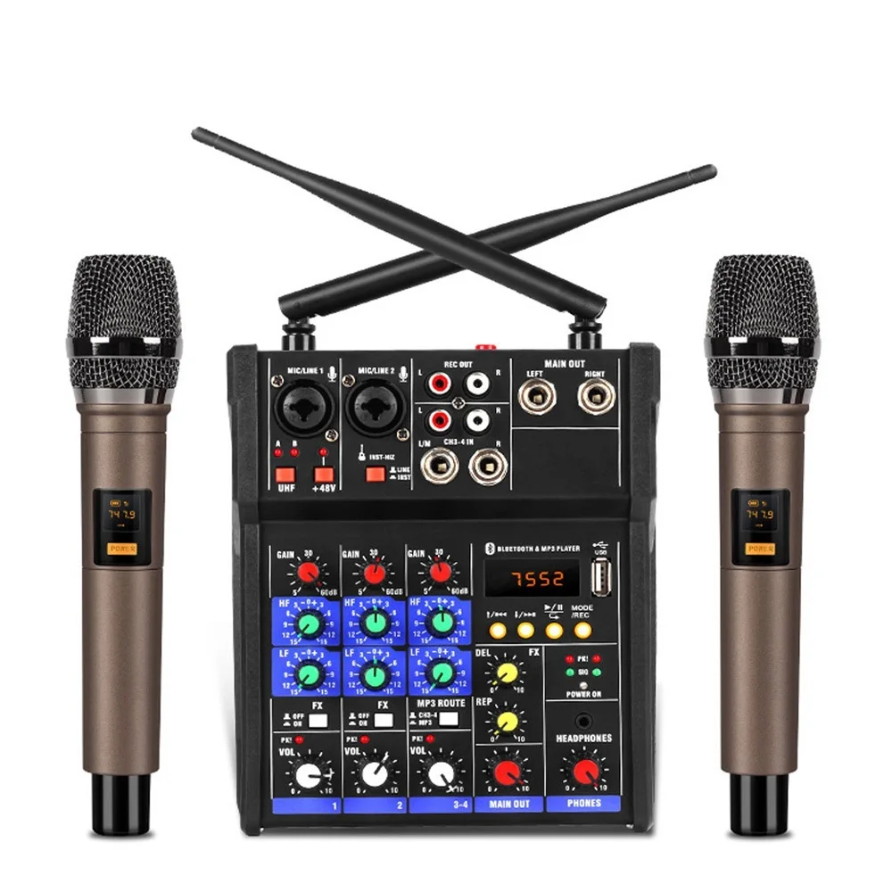

2023 аудио DJ микшер 4-канальная консоль с беспроводным микрофоном смешивание звука Bluetooth караоке запись студийный стол