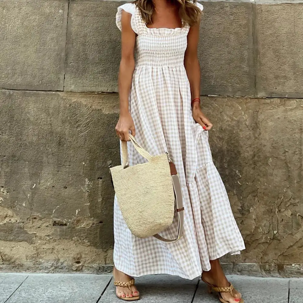 

Elegant Square Collar Plaid Summer Dress Women A-line Elastic Khaki Ruffled Dresses Beach Party Sleeveless Maxi Dress