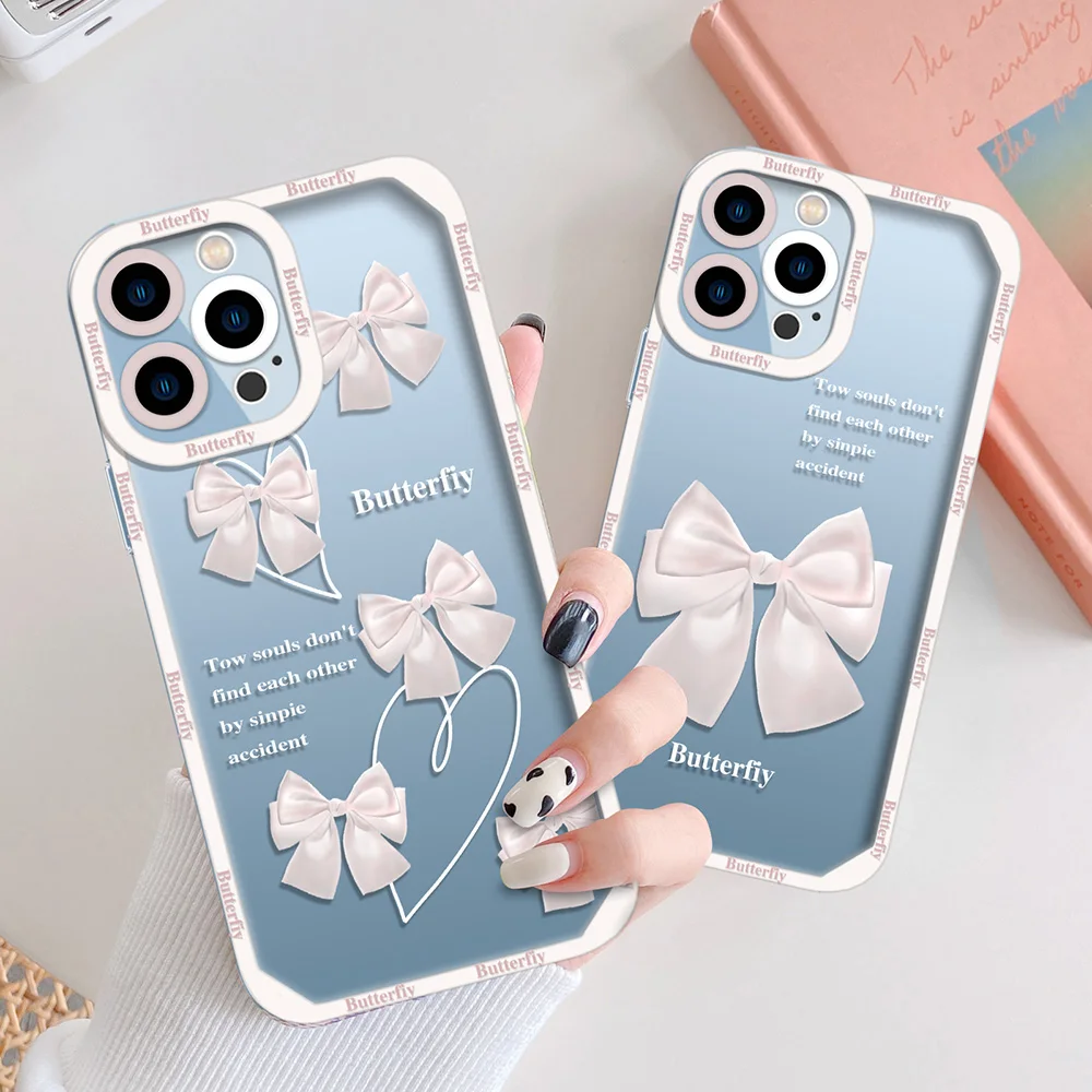 

INS Korea Bowknot Butterfly Phone Case for iPhone 13 12 Mini 11 Pro Max XS X XR 7 8 Plus SE 2020 Transparent Soft TPU Funda Capa