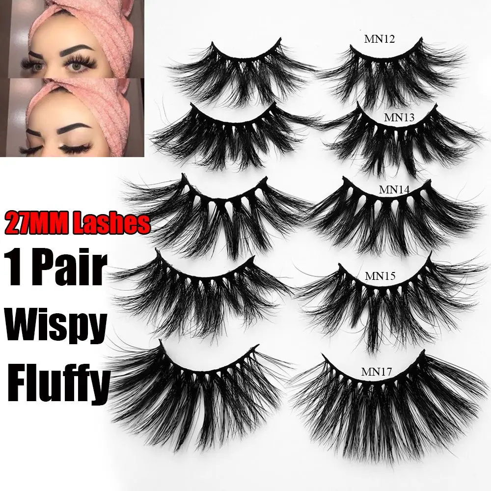 

SKONHED 1 Pair 27MM Lashes 3D Mink Hair False Eyelashes Long Wispies Multilayers Fluffy Eyelashes Cruelty-free