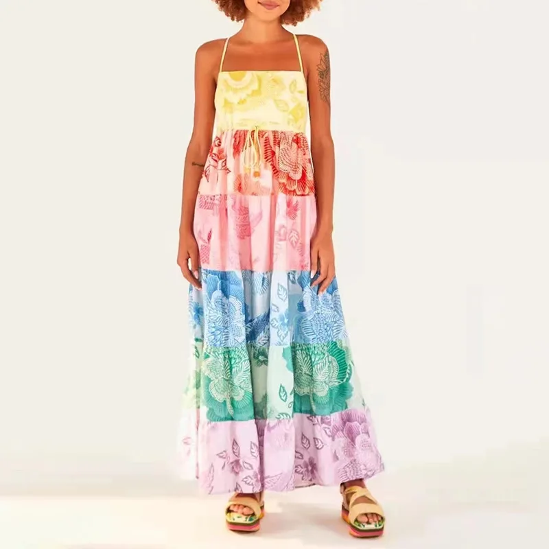 

Floral Print Women Contrast Color Sling Dress 2022 Summer new Lace-up Sleeveless Sexy Off-shoulder Female Beach Style Long Robe