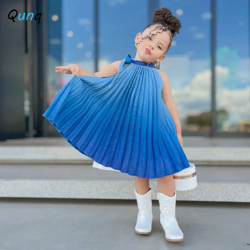 

Qunq 2023 Summer INS New Girls Lovely Sleeveless Pleated Gradient Lace-up Vest Sweet Dress Casual Children Clothes Age 3T-8T
