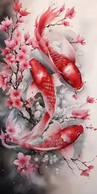 Алмазная живопись большого размера с цветком лотоса и карпом