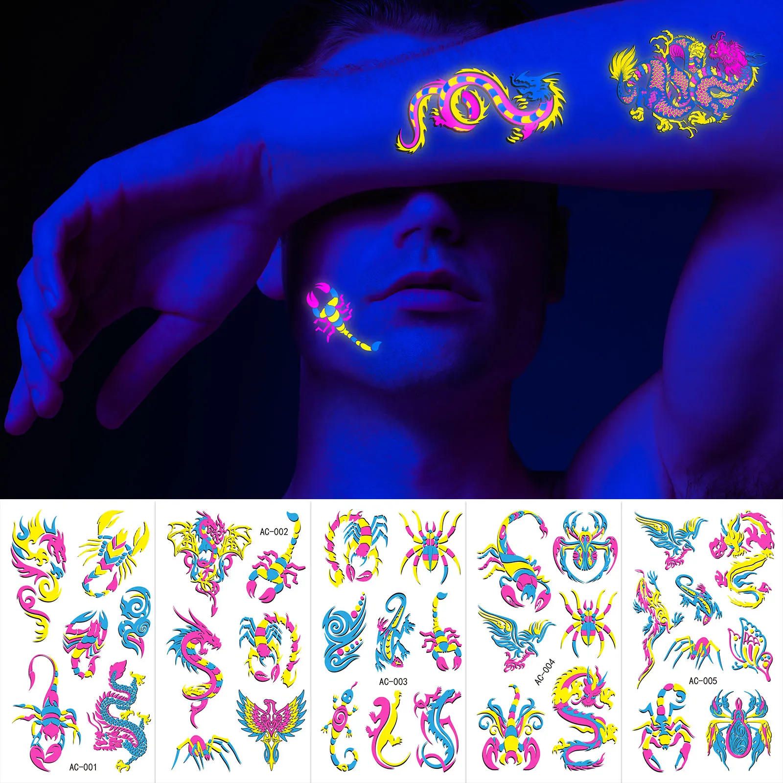

Fluorescent Halloween Face Tattoo Sticker Butterfly Rose Fake Tattoo Festival Masquerade Party Body Sticker