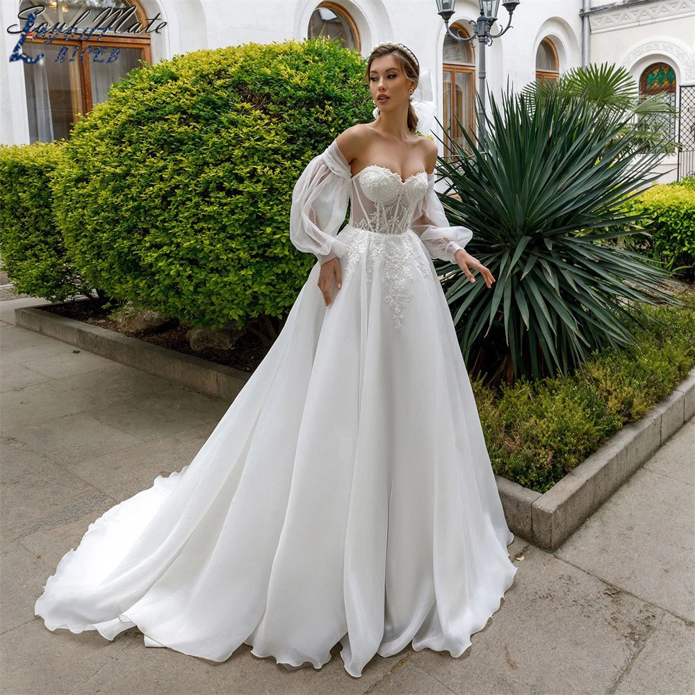 

LAYOUT NICEB Princess White Wedding Dresses Detahable Long Puffy Sleeve Lace Pearls Tulle For Bride Dress Lace Up Bridal Down
