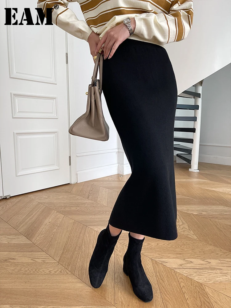 

[EAM] High Elastic Waist Black Brief Knitting Long Elegant Half-body Skirt Women Fashion Tide New Spring Autumn 2023 1DF1868