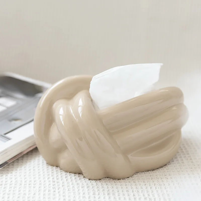

Creative Ceramic Household Tissue Box Knot European Modern Abstract Coffee Table Desktop Cream Color Decorative Tissue Case