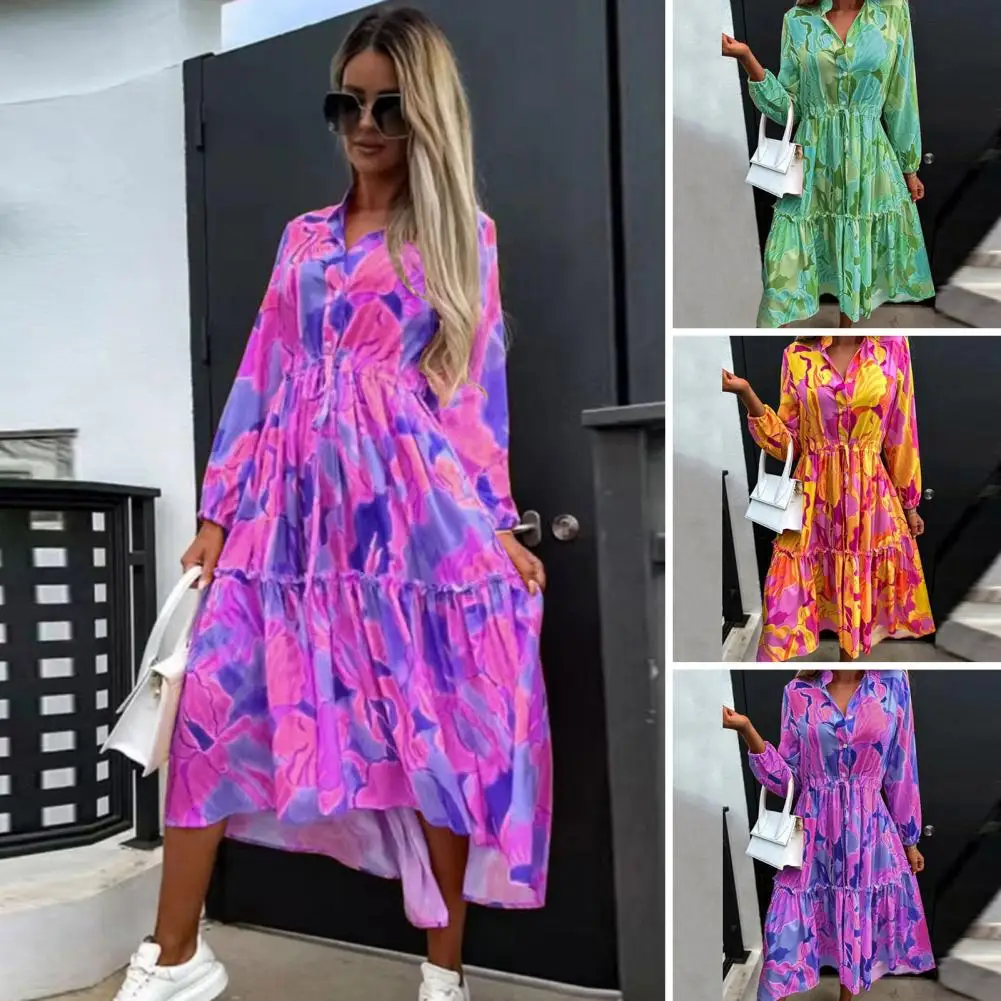 

Printed Floral Long Dress Women Long Sleeved Slim Midi Dresses Autumn Vintage V Neck Pleated Dresses Casual Fashion Vestidos