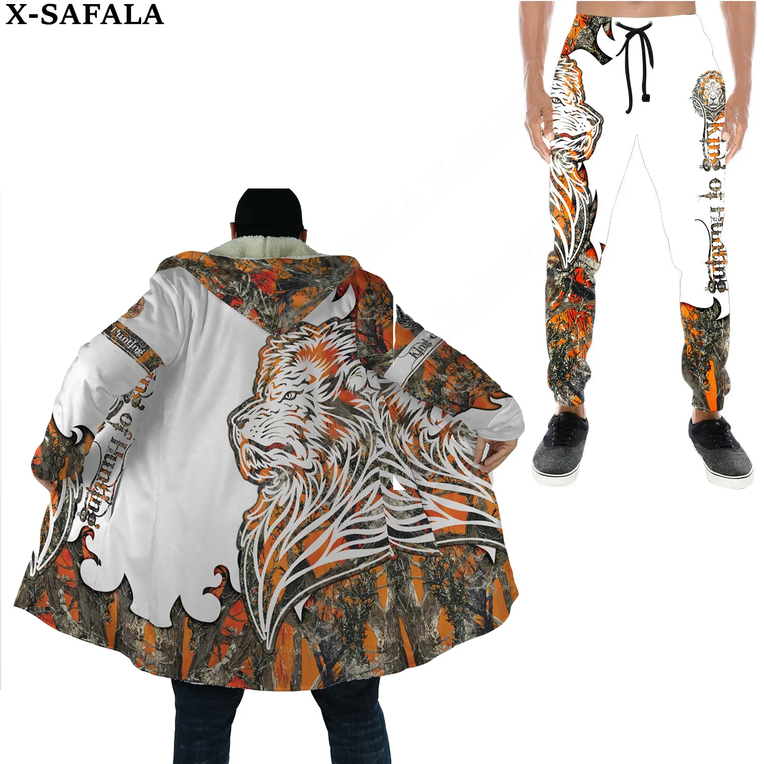 

Толстая теплая накидка с капюшоном King Of Hunting с Львом, спортивные брюки, комбинированный комплект, пальто, ветрозащитные флисовые длинные штаны унисекс для бега