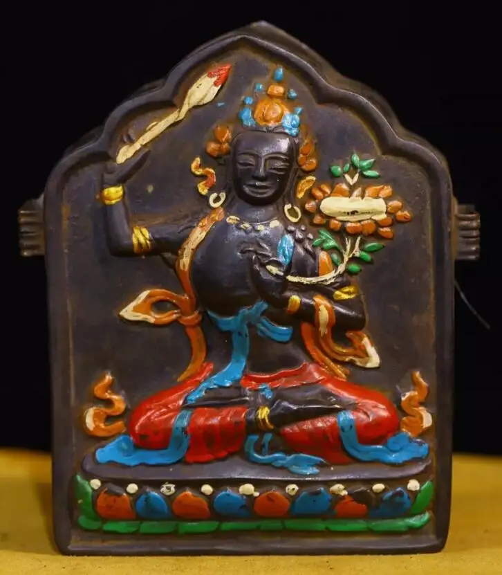 Старая тибетская непальская статуя Будды из чистой латуни Manjusri Kwan-Yin talisman