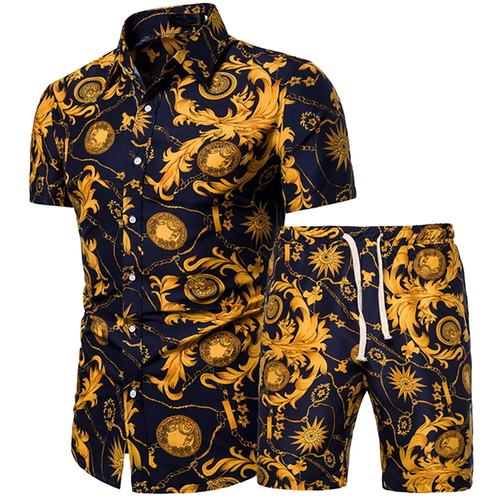 

Vintage T Shirt Shorts Set Luxury 2 piece set drawstring Men sets 3d Print Ensemble Homme Lapel Collar Streetwear Conjuntos