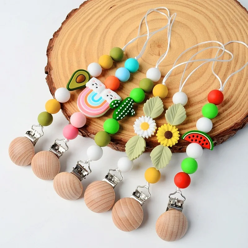 

Infant Baby Pacifier Clip Chain Creative Cute Floral Fruit Rainbow Toddler Nipple Toy Silicone Pacifier Clip Baby Accessories