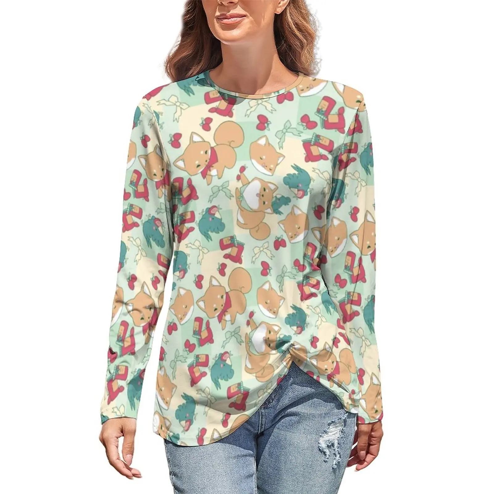 

Fox T Shirt Animal Long Sleeves Office Elegant Tee Shirt Girl Fashion Top Shirts