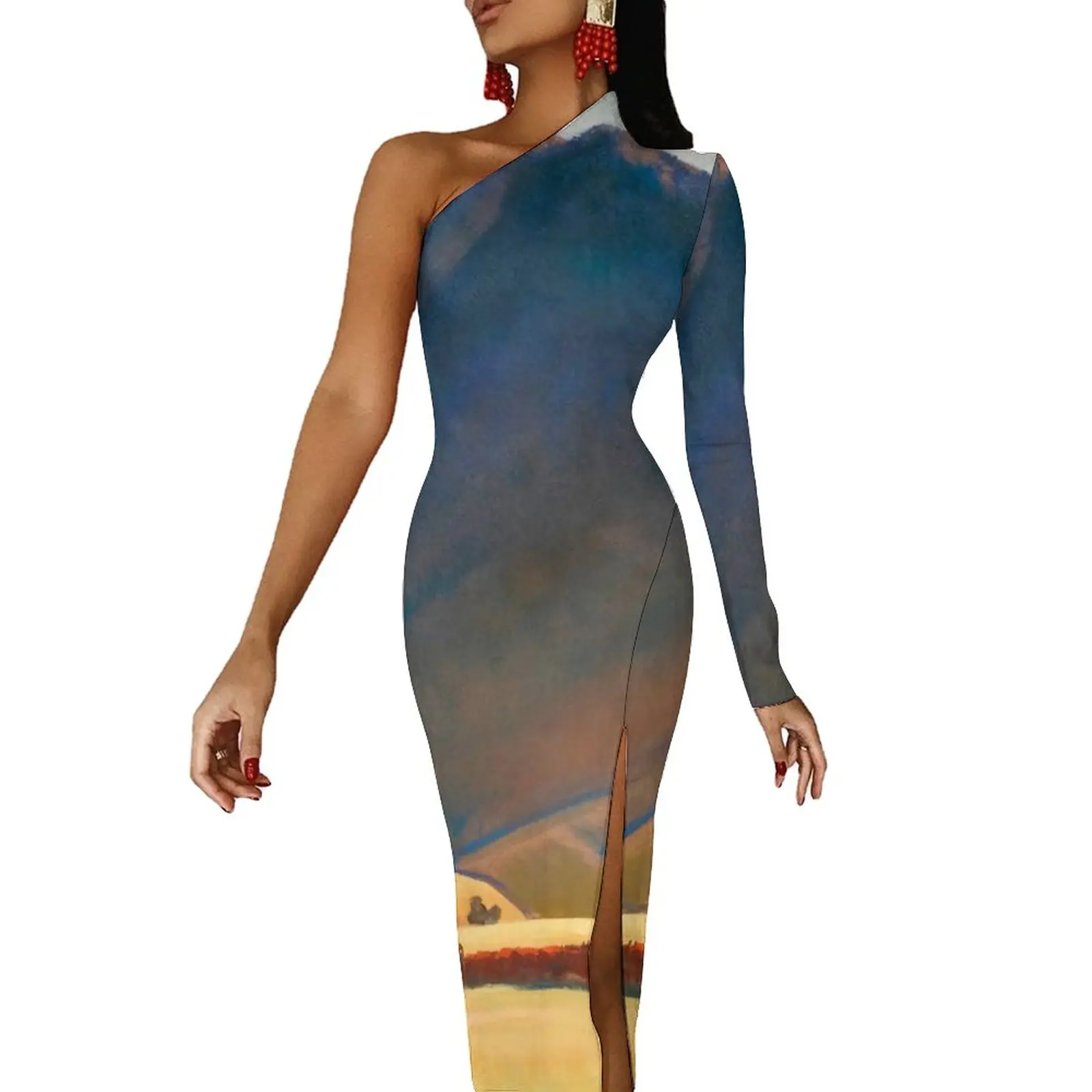 

Облегающее платье с принтом в виде пустыни, весенние Клубные Длинные платья Maynard Dixon с высоким разрезом, дизайнерское уличное платье с длинным рукавом