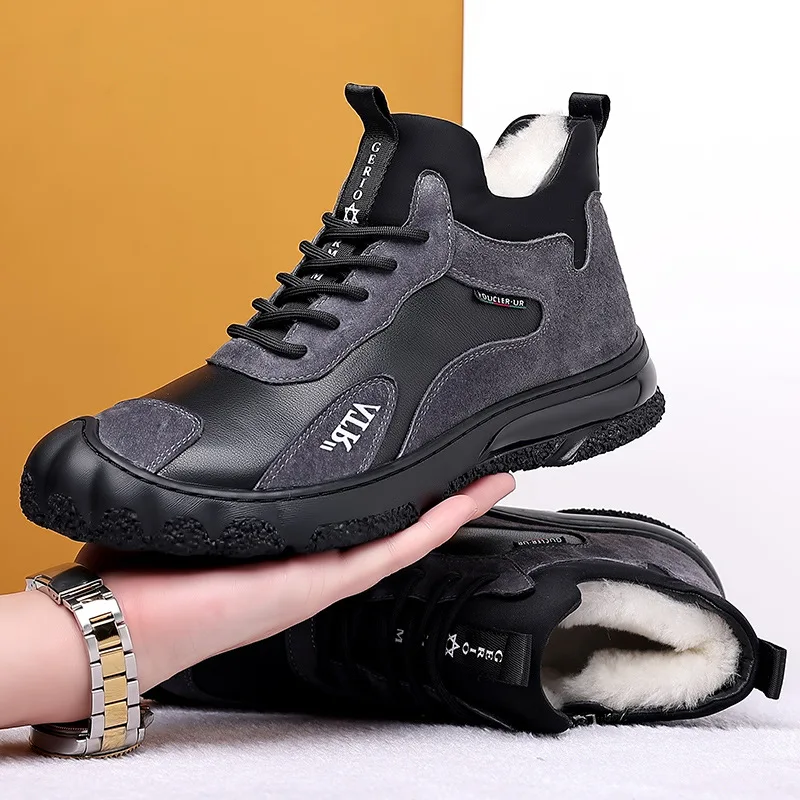 Leather Men's Boots Winter Wool Plush Warm Shoes High Top Outdoor Casual Shoes Sneakers Men Botas Botina Masculina Bottine Homme