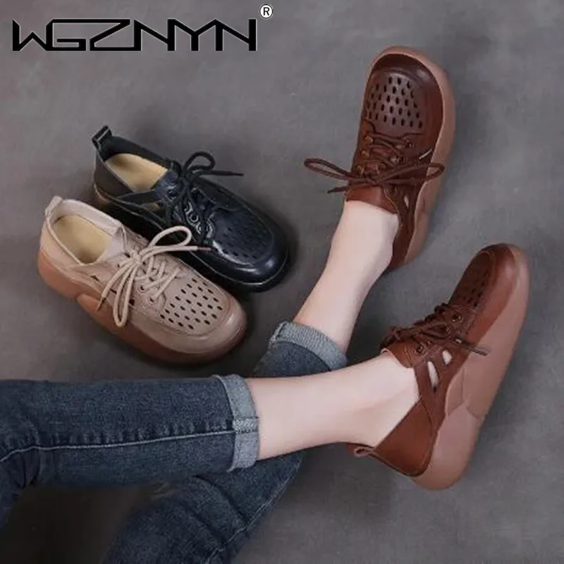 

2022 Spring and Summer Fashion Handmade Genuine PU Leather Hollow Single Shoes Platform Retro Shoes Lace-up Breathable Sandals