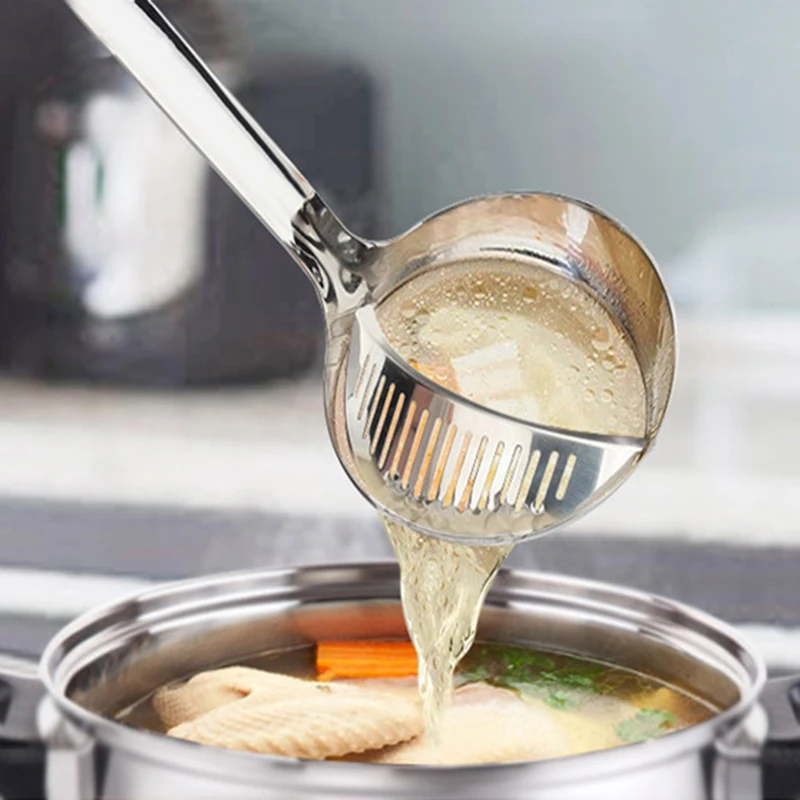 

2 In 1 Soup Spoon Long Handle Home Ladle Strainer Stainless Steel Cooking Colander Kitchen Porridge Scoop Tableware Tool