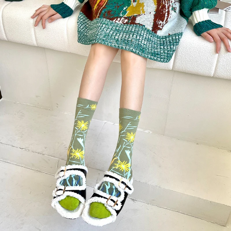 4pairs Women Socks Autumn Winter Monet Series Retro Women Personality Art Famous Painting Oil Funny Happy Sock Gift Set Dropship