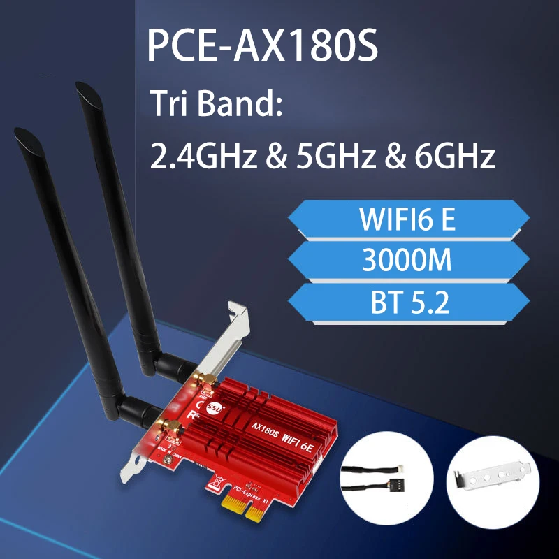 

Трехдиапазонный беспроводной Wi-Fi адаптер 3000 Мбит/с WiFi6 MT7921K PCIe, 2,4G/5G/6 ГГц 802.11ac/AX Bluetooth 5,2 AX180S 6G Wi-Fi 6E карта для ПК
