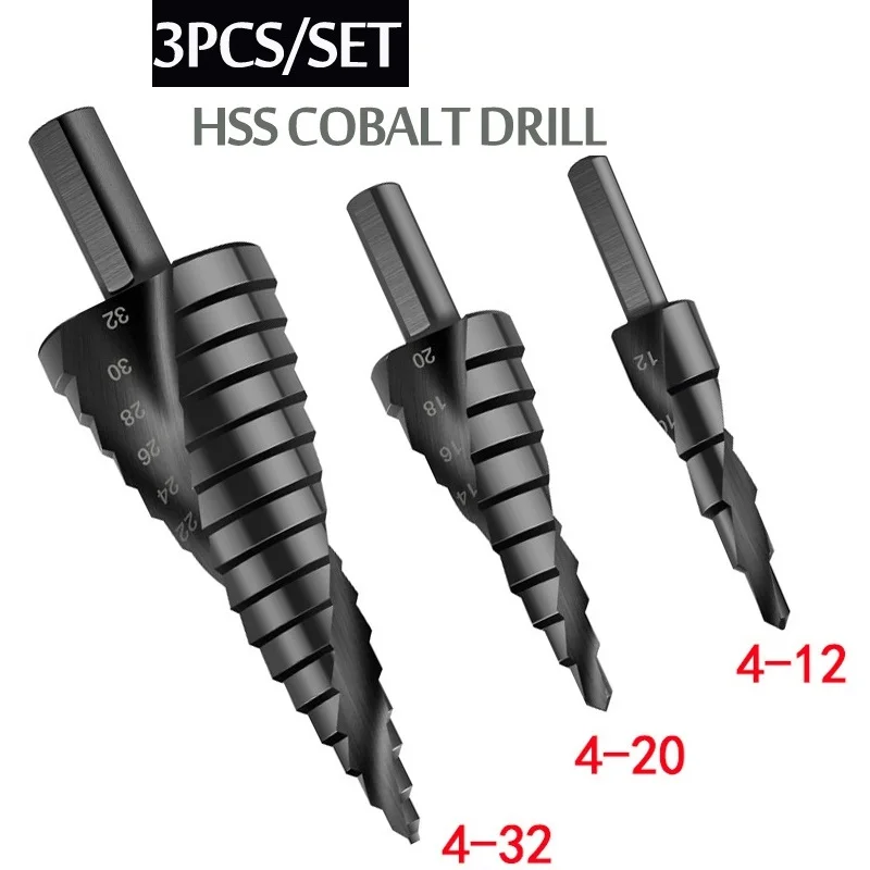 3Pcs4-12/20/32mmHSS Cobalt Step Drill Bit Set Nitrogen High Speed Steel Spiral for Metal Cone Triangle Shank Hole Metal Drilling