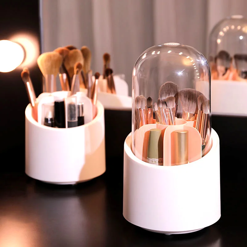 

Makeup Brush Holder Organizer with Lid Rotating Dustproof Make Up Brushes Container With Clear Cover For Desktop Countertop