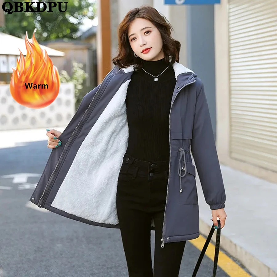 Winter Mid-length Hooded Fleece Lined Coat Women Warm Parka Thicken Outwear Casual Loose Jackets Trenchcoat Snowwear Windbreaker