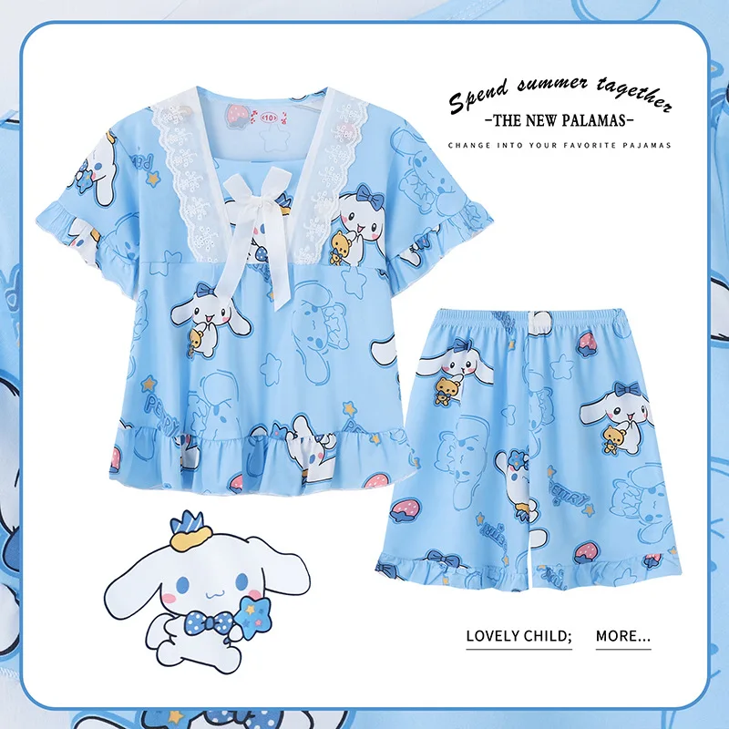 

Kawaii Sanrios детские пижамы летние девушки милые аниме MyMelody Kuromi Cinnamoroll мультфильм короткий рукав квадратный шеи