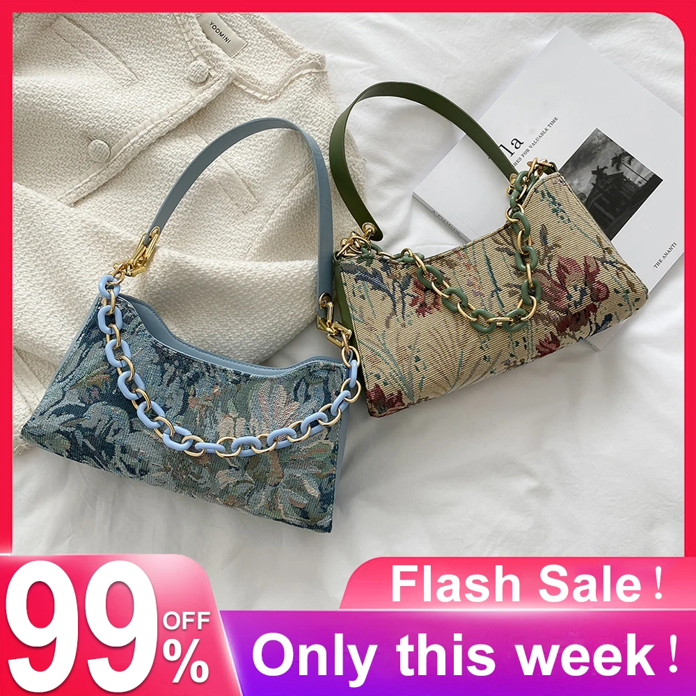 

Fashion Women Oil Painting Printed Shoulder Underarm Bag Casual Ladies Thick Chian Small Purse Phone Bolsos Handbags