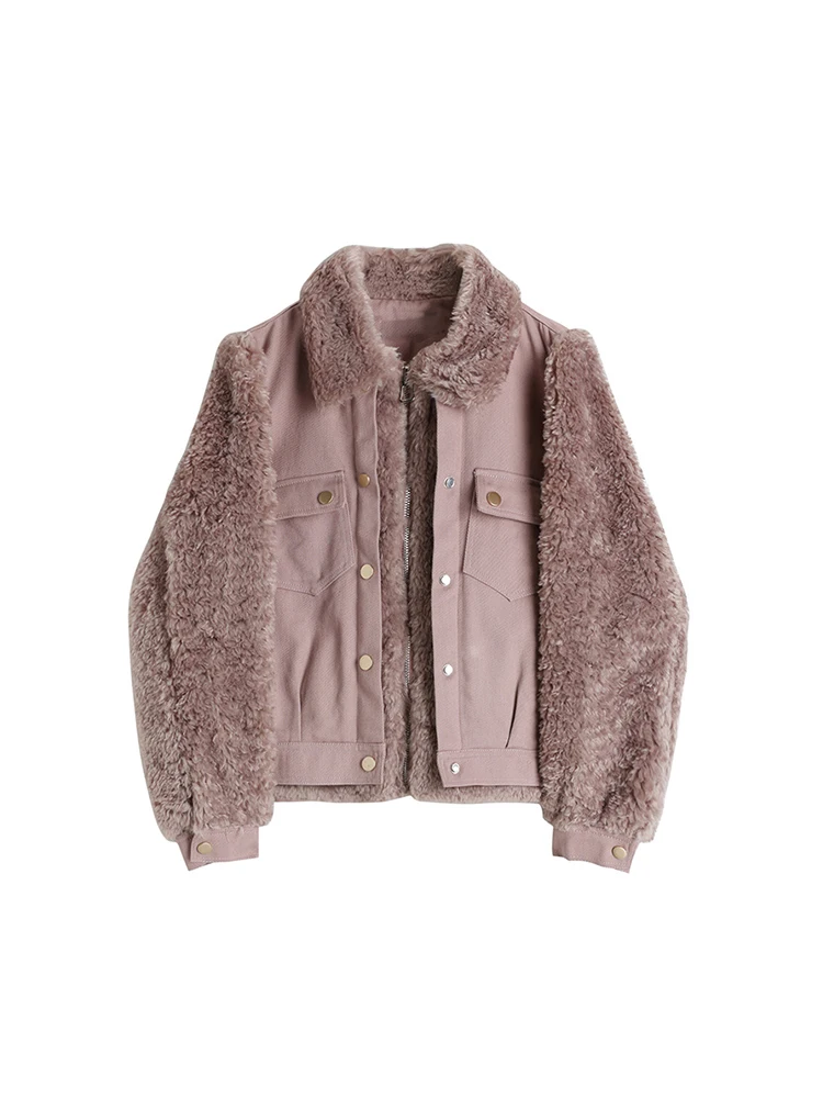 

Женское однотонное джинсовое пальто с отложным воротником, мешковатое пальто с хлопковой подкладкой и длинным рукавом, толстая плюшевая ве...