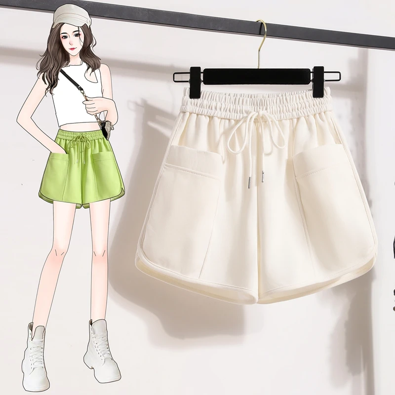 Y2K Streetwear Summer Sport Shorts Women's Casual Loose Elastic High Waist Pocket Black White Sportswear Wide Leg Bermuda Shorts