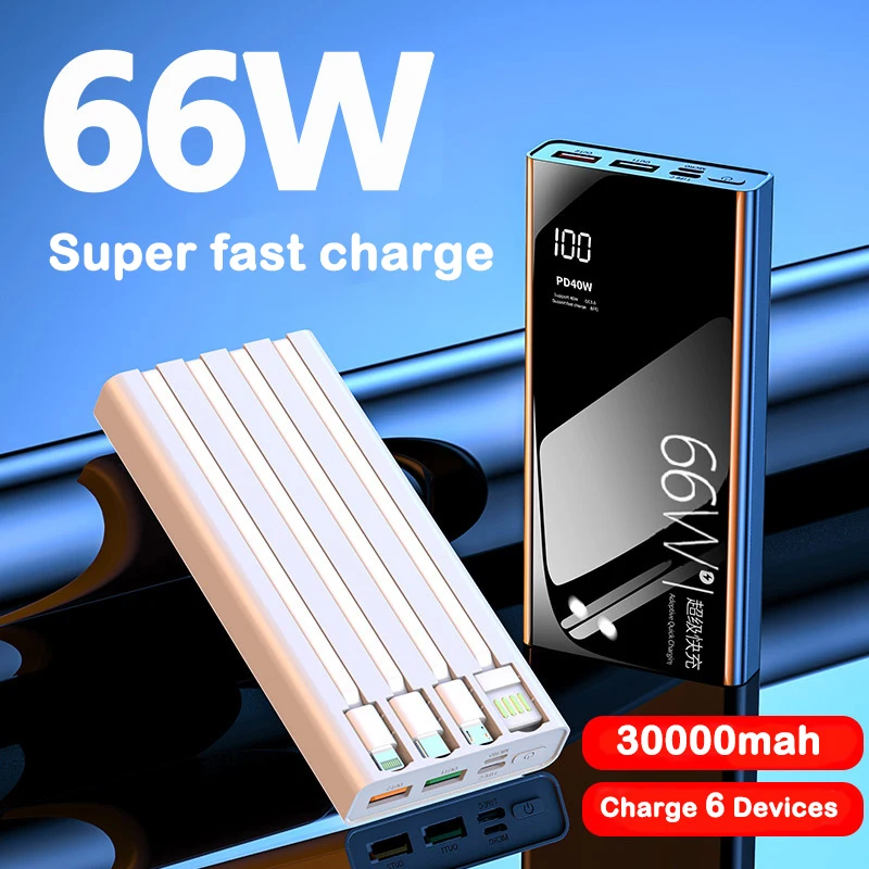 

30000mAh Power Bank 66W Super Fast Charging for Huawei P40 Powerbank Built in Cable for iPhone 14 13 12 Xiaomi Samsung Poverbank