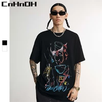cnhnoh spring and summer new personality trend chic couple abstract graffiti print oversize women short sleeved men a082