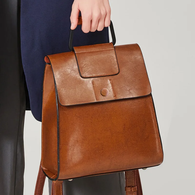 

Backpack Female New 2022 European And American Wind Joker Leather Handbag Fashion Oil Wax Cowhide women's Backpack Backpack