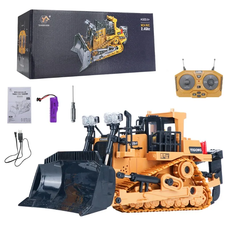 

Remote Controlled Alloy Bulldozer 9CH with Light 1/24 2.4G Truck Crawler Rubber Track Radio Kid Gift RC Engineering Car Toy