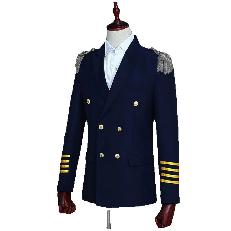 

2023 New Men's Blazer Military Clothing Coat Set Removable Shoulder Badge Tassel Suit Double Breasted Anchor
