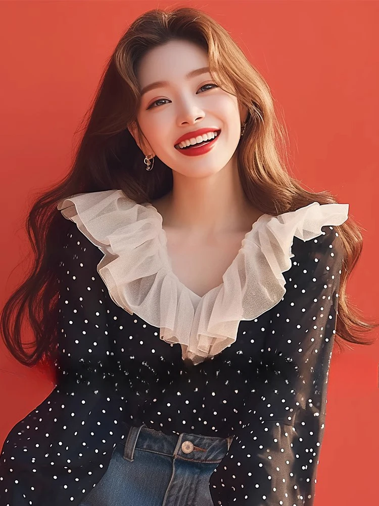 Шифоновые повседневные женские блузки весенне-осенние новые рубашки в горошек