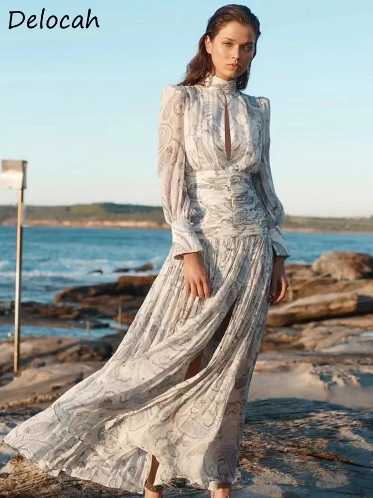 

Delocah High Quality Summer Women Fashion Designe Dress O-Neck Lantern Sleeve Fashion Vintage Ruched A-Line Midi Dress