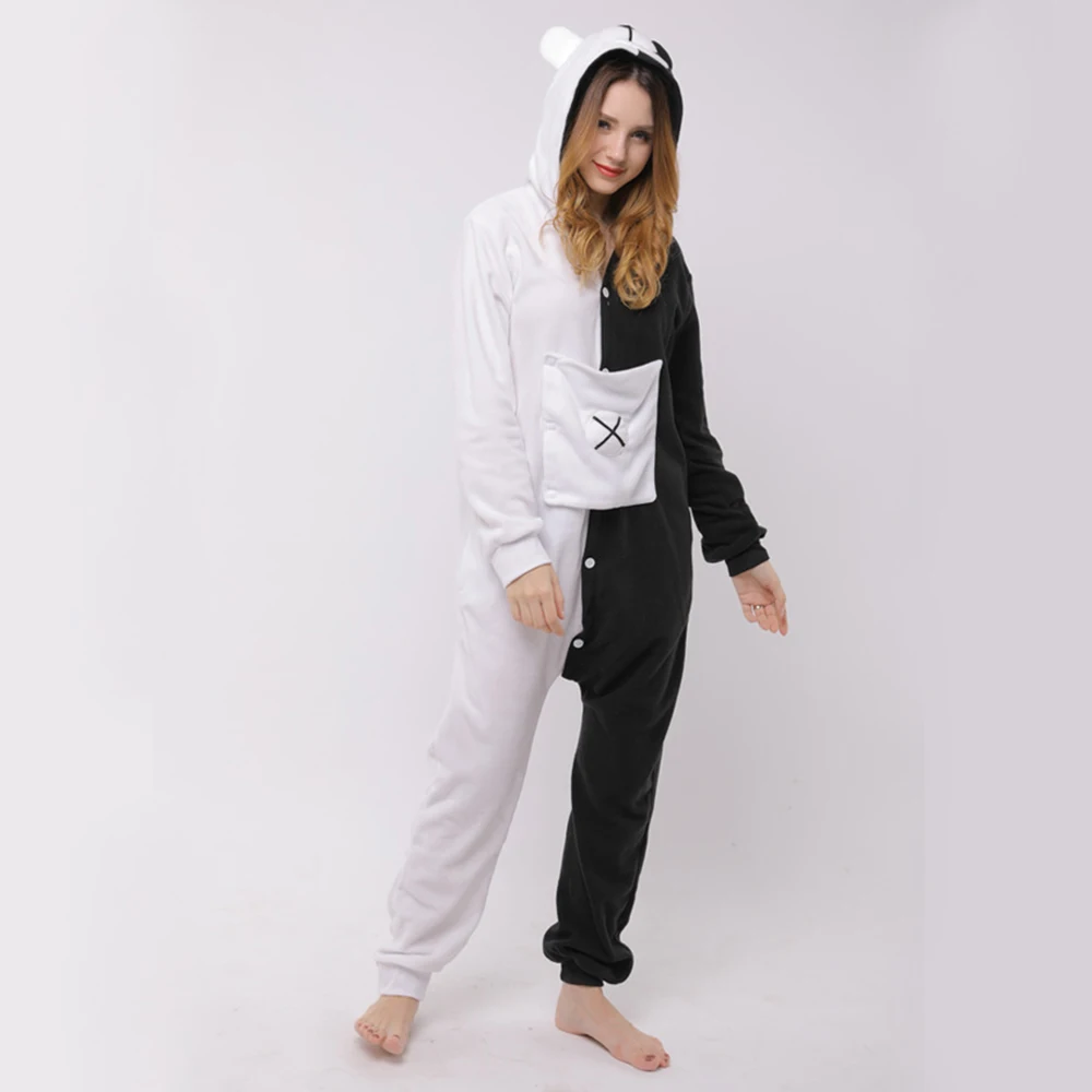 Unisex Winter Cartoon Animal One-Piece Jumpsuit With Pockets Polyester Warm  Loose White And Black Cosplay Pajamas With A Hat
