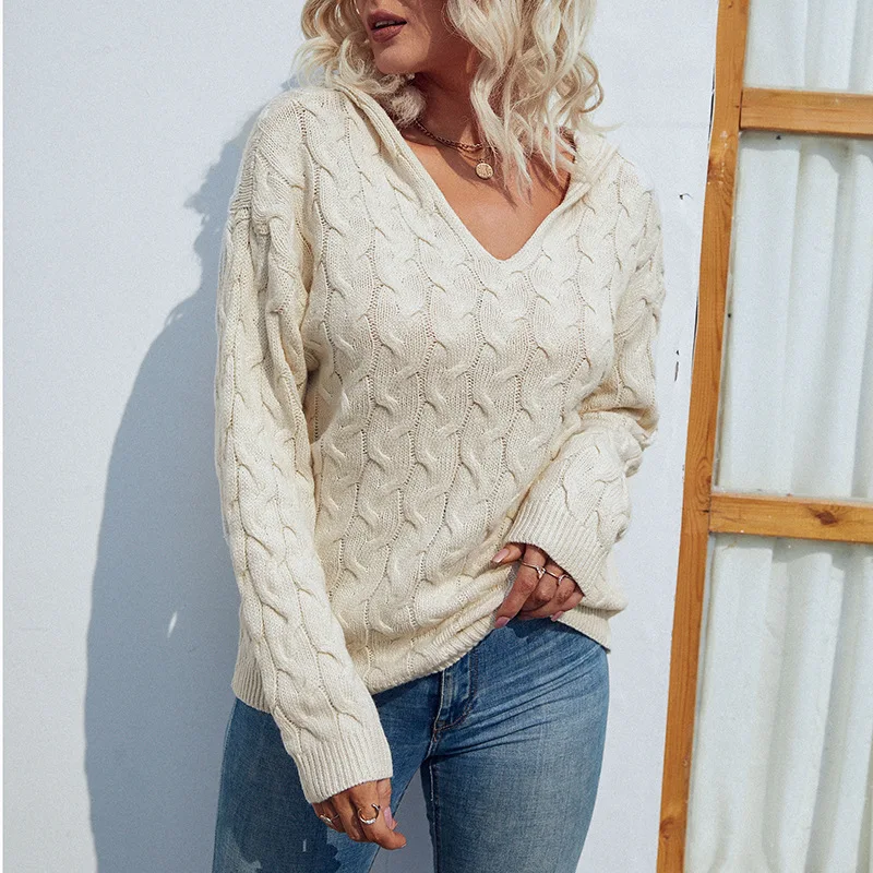 

2022 Autumn and Winter New V-neck Hooded Sweater Retro Twist Sweater for Women Pullover