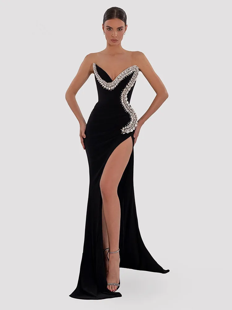 Party Dress Women Elegant Luxury Prom Gowns Black Strapless V Neck Crystal Embroidery Open Leg Maxi Long Celebrity Evening Dress